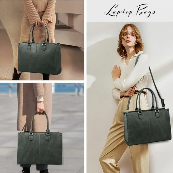 Women's Dark Green 15.6 inch vintage vegan leather and high-density Tote Bag